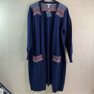 Denim & Co Women’s Open Front Fair Isle Jacquard Long Cardigan Sweater Navy 2X